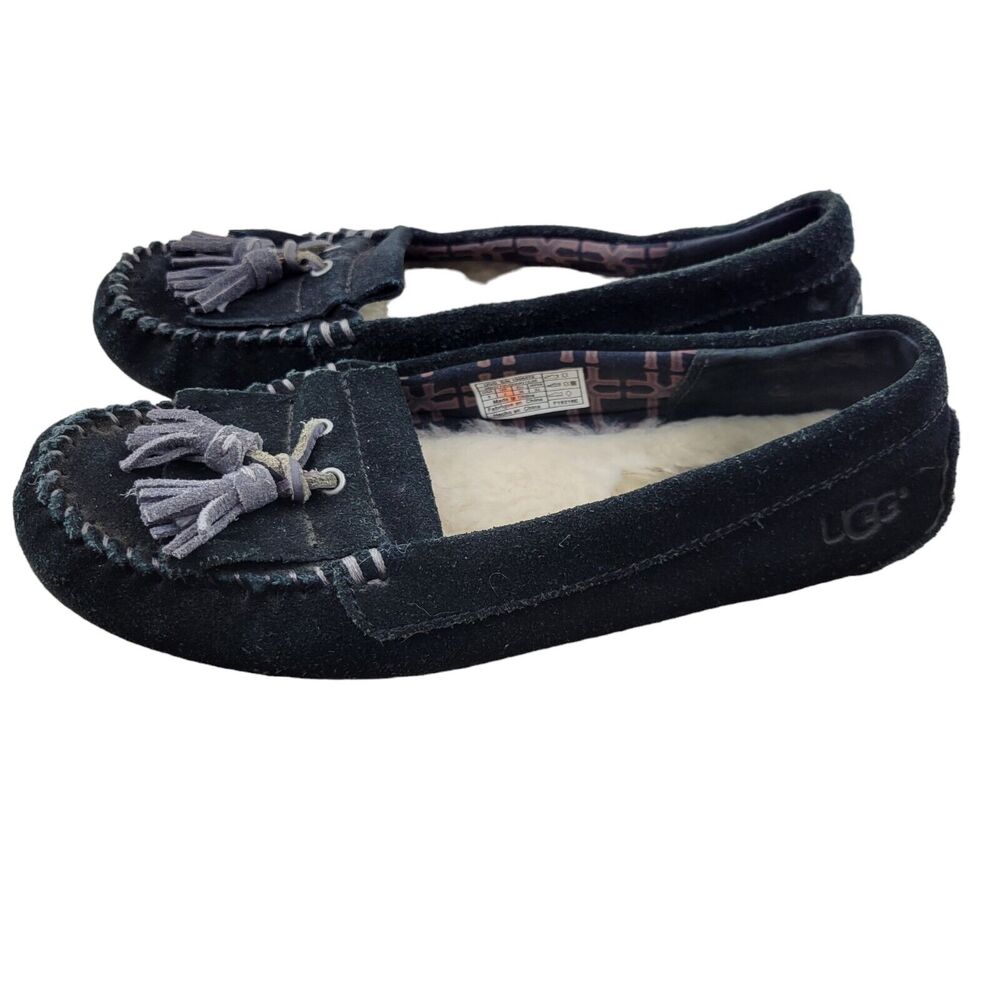 UGG 1005475 Lizzy Moccasin Slippers Black Women's Size 5 Tassels Slip On - Picture 6 of 10